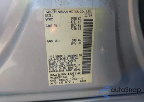 2015 Nissan Altima 2.5 Sv from USA, damaged, VIN 1N4AL3AP0FC189240